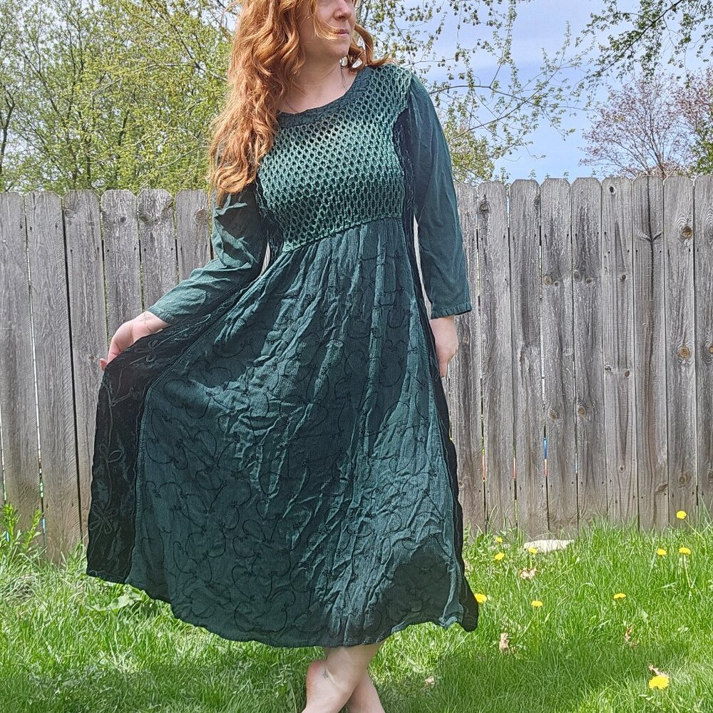 Cottage Fairy Hippie Ren Fair Witchy Coquette Emerald Green Cotton Peasant Dress